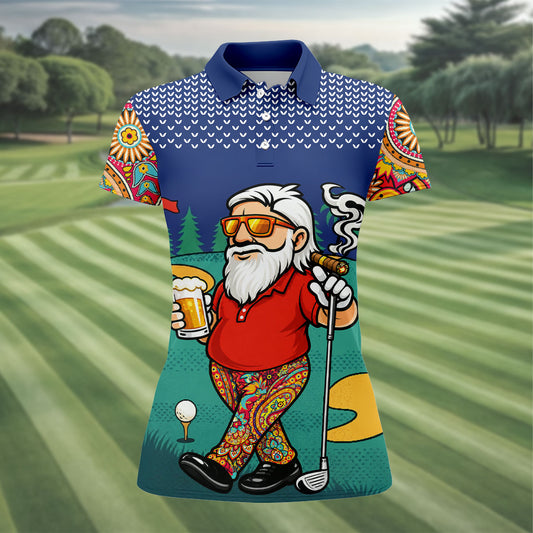Maxcorners Women's Funny Golf Santa Beer And Cigar Polo Shirt, Christmas Golf Shirt, Women’s Golf Polo, Women’s Golf Apparel LM1507