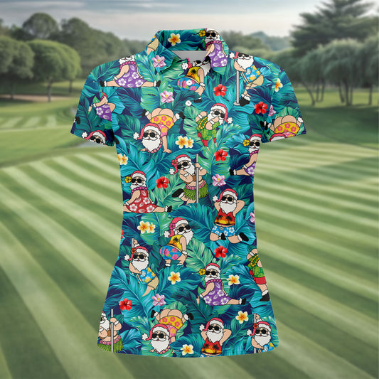 Maxcorners Funny Hula Santa Christmas Golf Shirt, Women's Golf Tops, Hawaiian Golf Shirt, Printed Golf Shirt LM1507