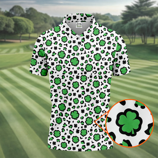 Maxcorners Lucky Four Leaf Clover Leopard Pattern St Patrick's Day Golf Shirt, Polo Shirts For Men, Golf Shirts For Men