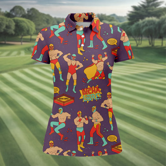 Maxcorners Purple Lucha Libre Mexican Wrestler Pattern Golf Shirt, Women’s Golf Polo, Ladies Golf Top LM1507