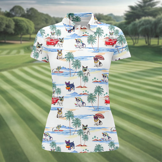 Maxcorners French Bulldog Beach Vacation Hawaiian Golf Polo Shirt, Ladies Golf Tops, Golf Polo For Women LM1507