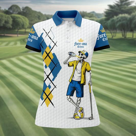 Maxcorners Blue Yellow Skeleton Golfer Beer Polo Shirt, Women’s Golf Apparel, Golf Shirts For Women LM1507