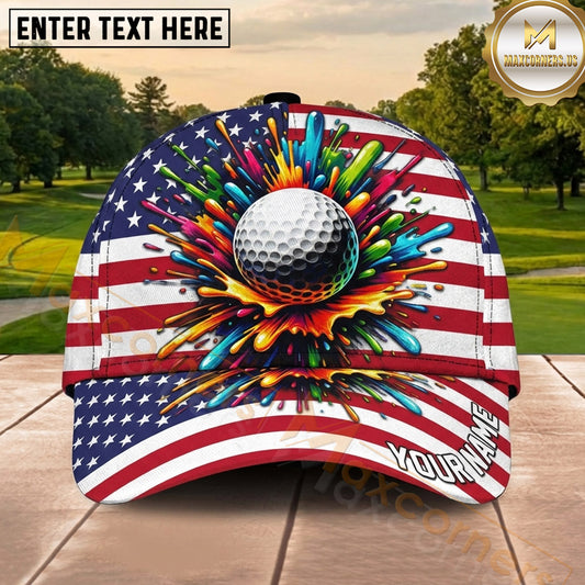 Maxcorners Golf USA Flag Paint Splash Golf Ball Personalized Name 3D Classic Cap