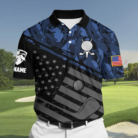 MaxCorners Premium Usa Flag Blue Pattern Golf Polo Shirts Multicolored Customized Name Polo For Men