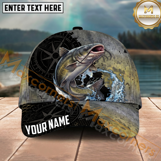 Maxcorners Fishing Olive Compass Scale Water Splash Personalized Name 3D Cap (12 Fish Species)