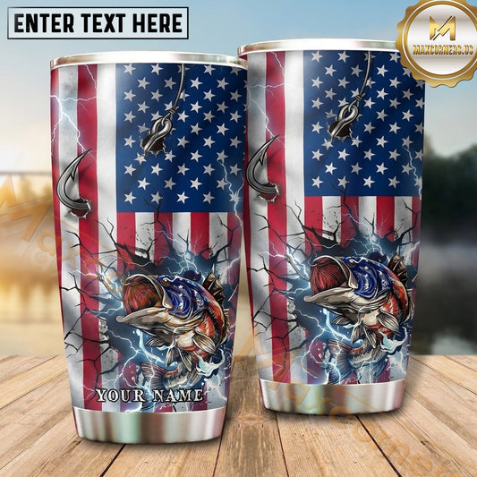 Maxcorners Fishing Tumbler Distressed American Flag Design Personalized Name Tumbler (13 Species)