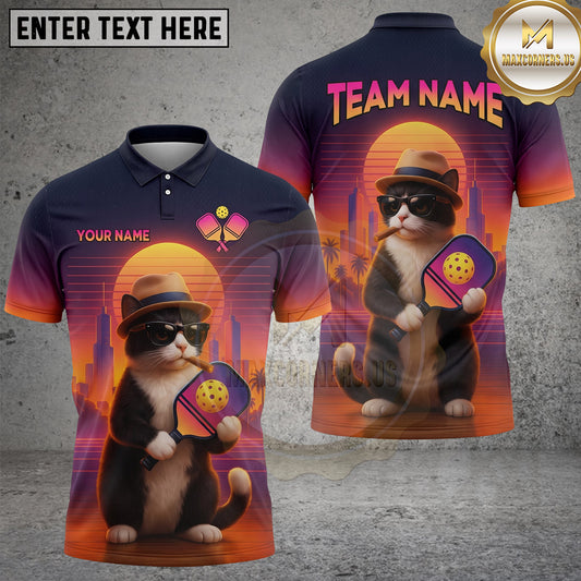 Maxcorners Pickleball Polo Retro Cat Sunset Style Multiple Options Personalized Name, Team Name 3D Shirt