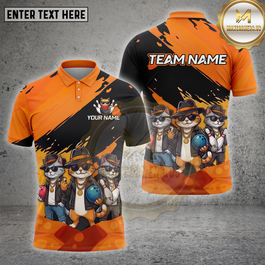 Maxcorners Cat Bowling Shirt Gangster Cat Crew Multiple Options Personalized Name, Team Name 3D Shirt