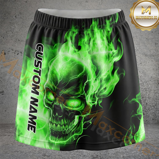 Maxcorners Pickleball Neon Green Flaming Skull Personalized 3D Skort, Skirts With Shorts