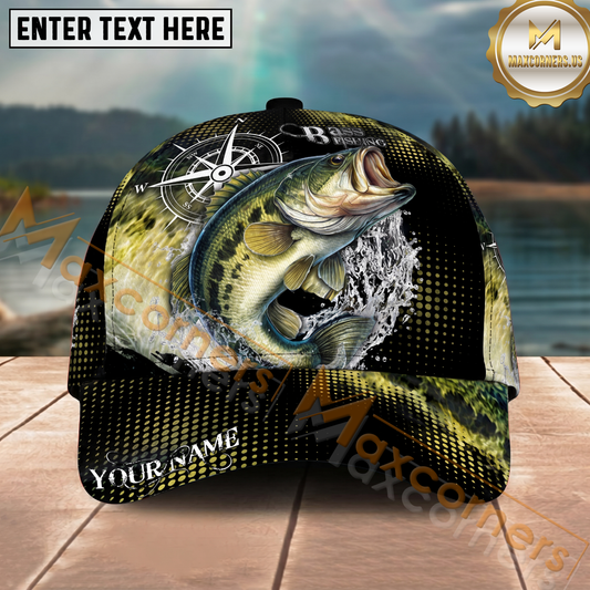 Maxcorners Fishing Olive Compass Halftone Splash Personalized Name 3D Cap (12 Fish Species)