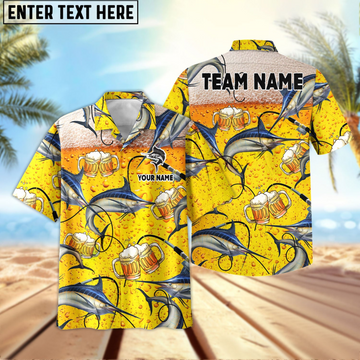 Maxcorners Marlin Fishing Beer Swimming Personalized Name, Team Name 3D Hawaiian Shirt