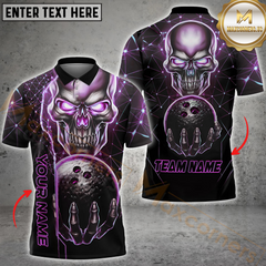 Maxcorners Bowling Cyber Skull Neon Glow Strike Multicolor Customized Name, Team Name 3D Polo Shirt