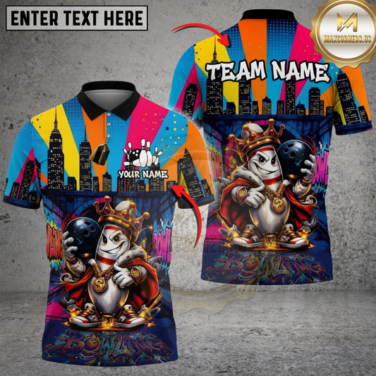 Maxcorners Bowling & Pins Graffiti Street Lane King Customized Name, Team Name 3D Shirt (4 Colors)