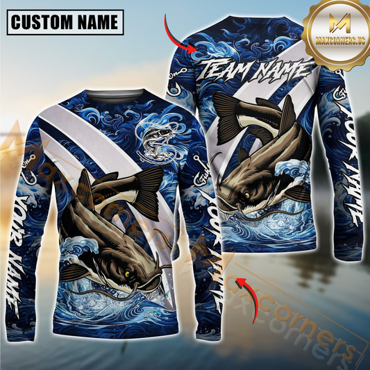 Maxcorners Fishing Blue Lava Smoke Silver Line Design Custom Name & Team Name 3D Shirts