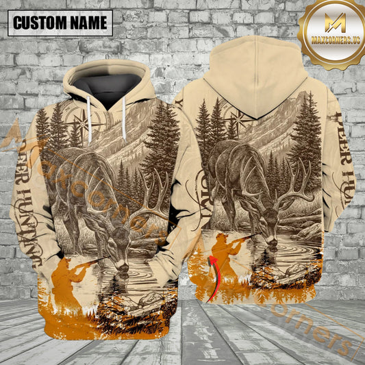Maxcorners Vintage Deer Hunter Custom Name All Over Print Shirt Best Gift For Hunter