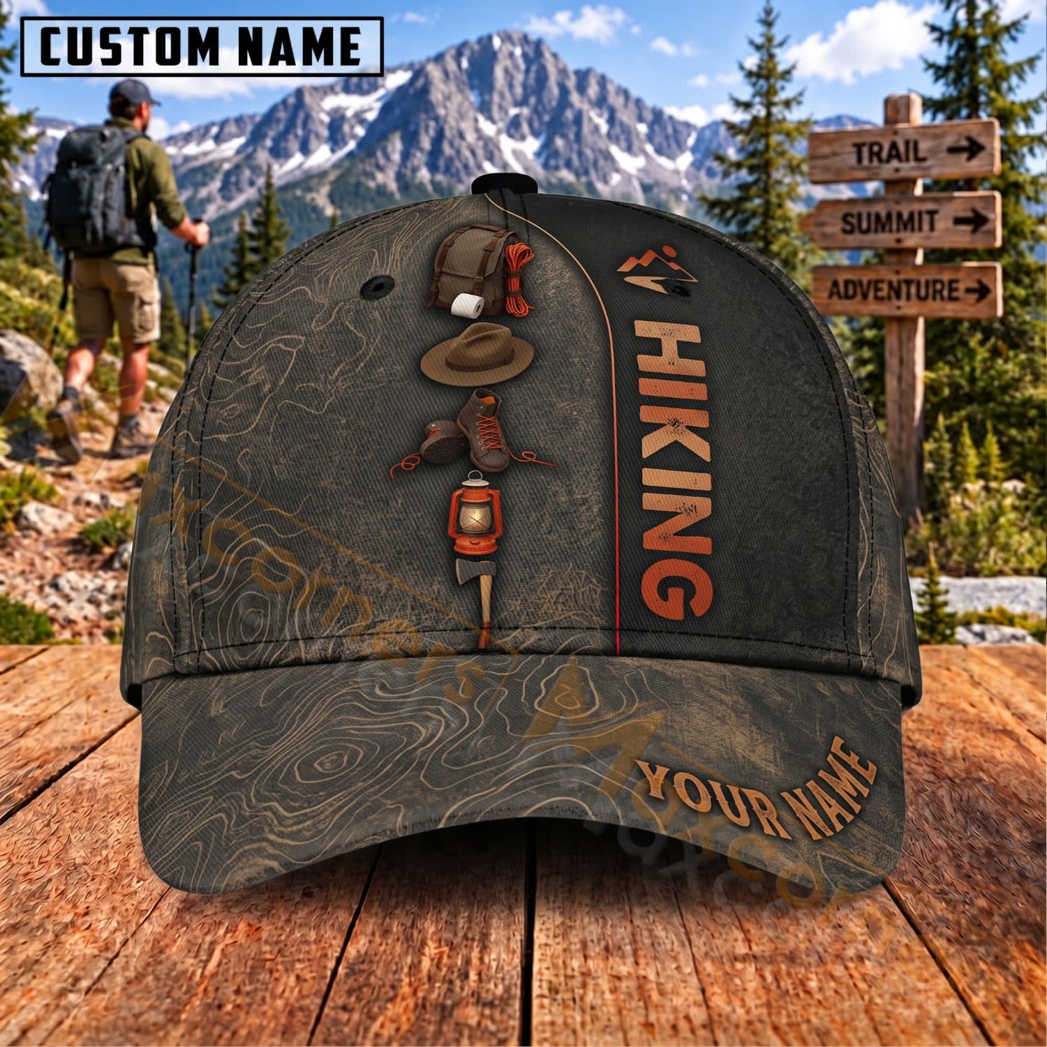Maxcorners Hiking Hiking Gear Vertical Trail Adventure Personalized Name 3D Cap