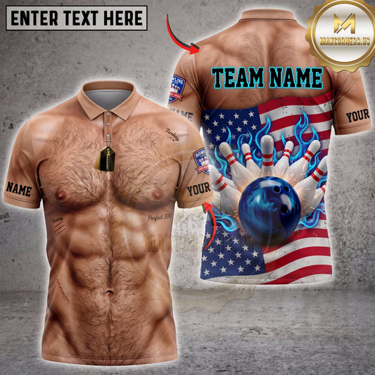 Maxcorners Bowling Muscular Body American Flag Bowling Ball Pins Personalized Name 3D Unisex Shirt