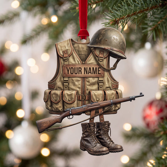 Maxcorners Military Vintage Field Vest Helmet And Boots Personalized Name 3D Keychain And Ornament