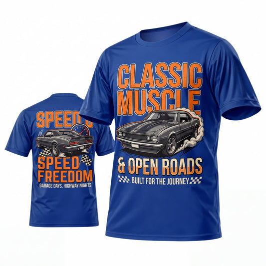 Maxcorners Personalized Car Classic Muscle Car 3D T-Shirt – Royal Blue Classic Muscle Speed and Freedom Graphic