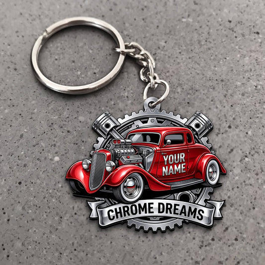 Maxcorners Hot Rod Red Vintage Roadster with Chrome Dreams and Silver Engine Personalized Name 3D Keychain And Ornament