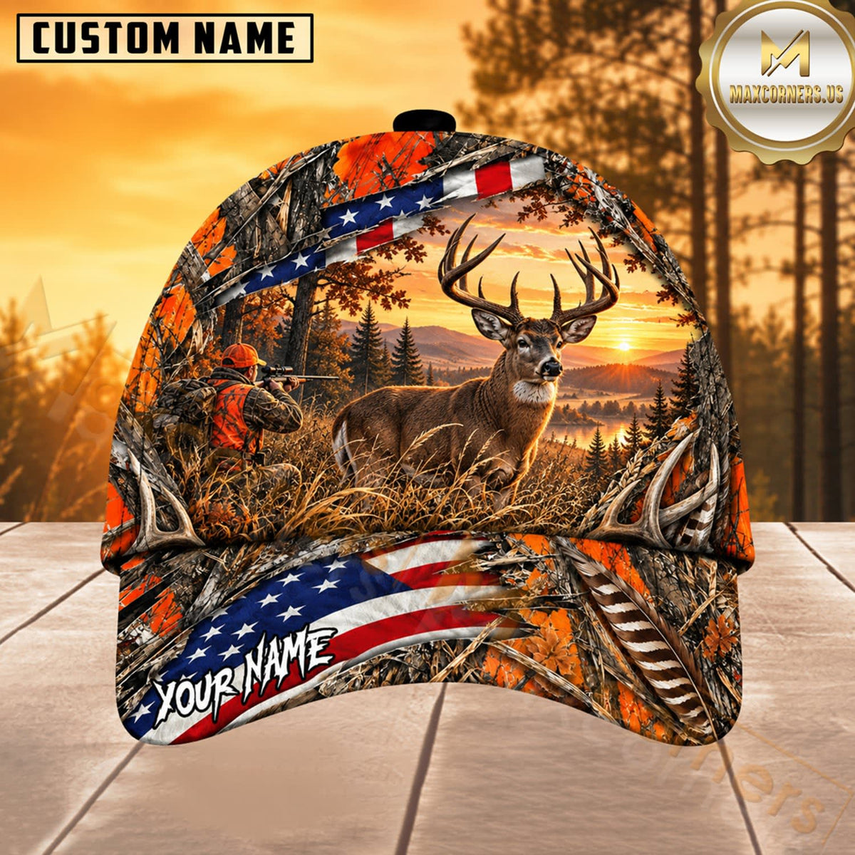 Maxcorners Hunting  American Flag Orange Camo Hunting Scene Multiple Options Personalized Name 3D Cap