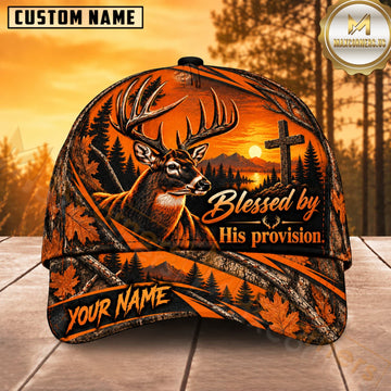 Maxcorners Deer Hunting Whitetail Buck Blessed by His Provision Orange Sunset Camo Customized Name 3D Cap