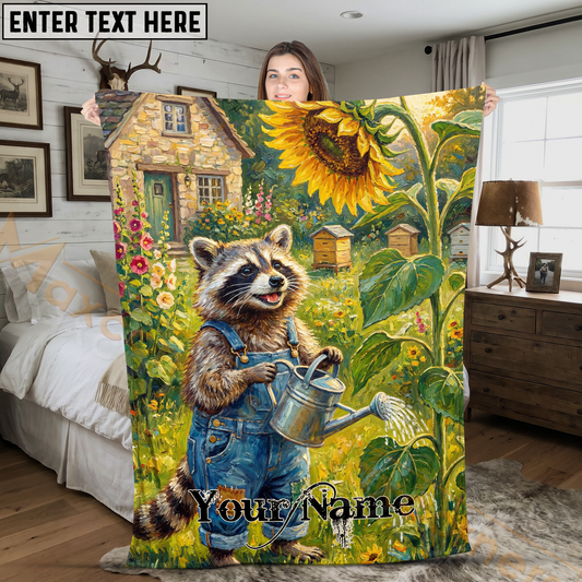 Maxcorners Cute Raccoon Gardening with Sunflower and Watering Can Personalized 3D Blanket