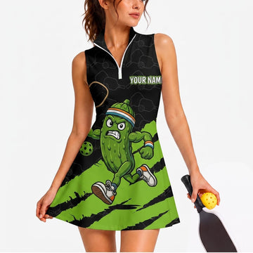 Maxcorners Pickleball Sleeveless Zipper Sports Dress Set Green Frankenstein Pickleball Personalized Name 3D Sleeveless Zipper Sports Dress Set
