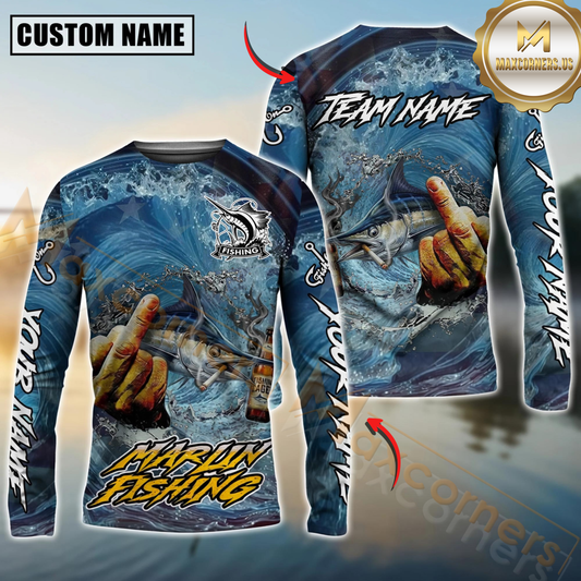 Maxcorners Fishing Seawave Stinky Finger Smoking Beer Custom Name & Team Name 3D Shirts