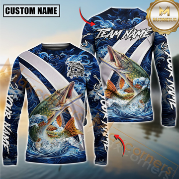 Maxcorners Pike Fishing Blue Lava Smoke Silver Line Design Custom Name & Team Name 3D Shirts