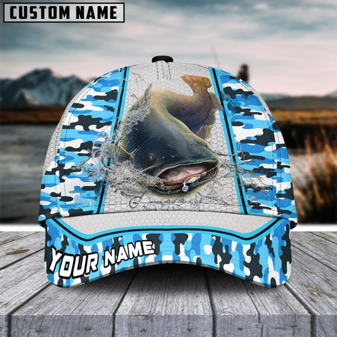 Maxcorners Catfish Fishing Light Blue Camo Customized Name 3D Cap