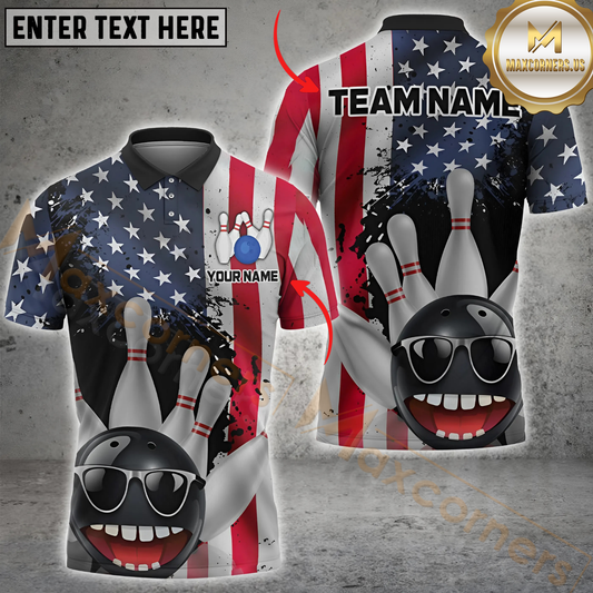 Maxcorners  USA Bowling Fun Shirt – American Flag Style with Smiling Ball Customized Name, Team Name 3D Unisex Shirt
