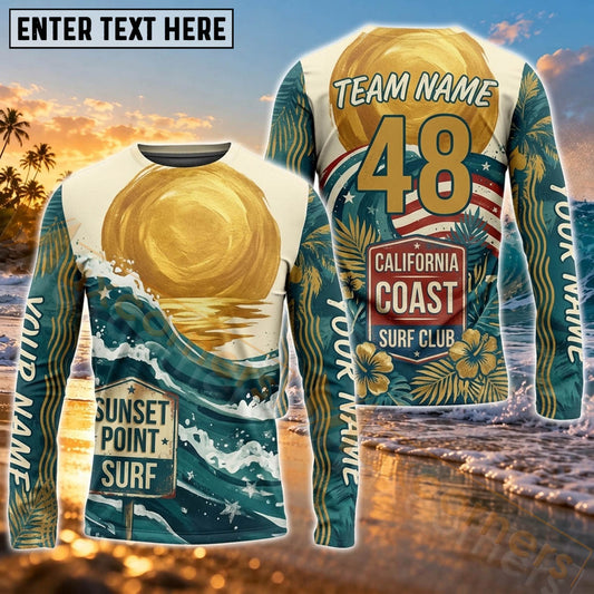 Maxcorners Surfboard Vintage Ocean Wave Art Customized Name, Number, Team Name 3D Long Sleeve Shirts
