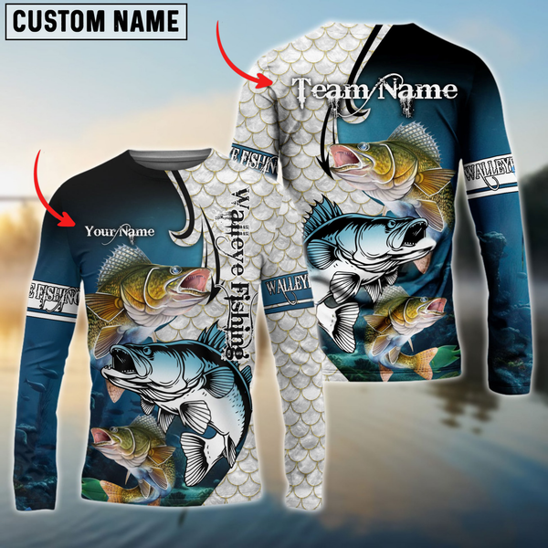 Maxcorners Walleye Fishing Big Fin Pattern Personalized Name, Team Name 3D Long Sleeve Shirt