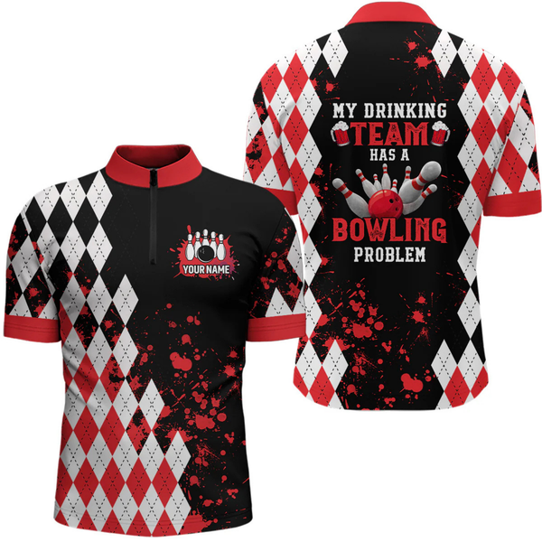 Maxcorners Red argyle pattern Retro Bowling Shirts For Men Custom My drinking team has a bowling problem LM054