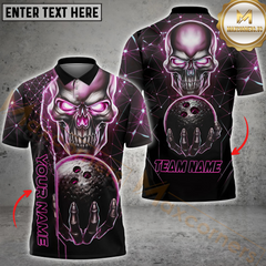 Maxcorners Bowling Cyber Skull Neon Glow Strike Multicolor Customized Name, Team Name 3D Polo Shirt