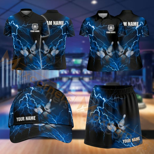 Maxcorners Bowling Lightning Bowling Pins Strike Design Personalized Team Sportswear Set - Polo Shirt, Cap & Skorts