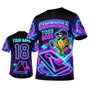 Maxcorners Cornhole Neon Toss Boss Corn Character Personalized Name 3D Unisex Shirt