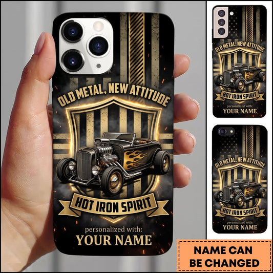 Maxcorners Vintage Hot Rod Black and Gold Classic Car with Retro Garage Personalized Name 3D Phone Case