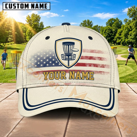 Maxcorners Disc Golf Vintage American Flag Basket Personalized Name 3D Cap