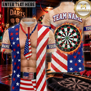 Maxcorners Darts Patriotic American Flag Suit Classic Dartboard Personalized Name 3D Unisex Shirt