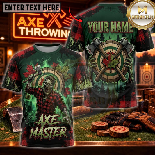 Maxcorners Axe Throwing Toxic Green Zombie Axe Master Personalized Name 3D Unisex Shirt