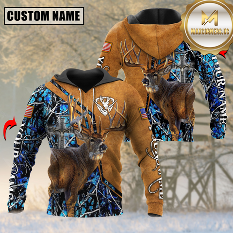 Maxcorners Blue Wilderness Deer Hunting USA Flag Custom Name Shirt 3D All Over Printed Clothes