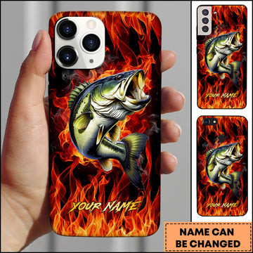 Maxcorner Bass Fishing Fire Flame Background Personalized Name 3D Phone Case