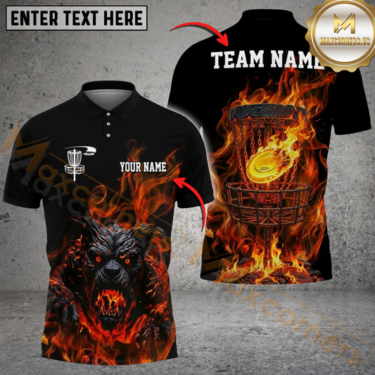 Maxcorners Flame Wolf Disc Golf Polo Personalized Name, Team Name 3D Shirt (4 Colors)