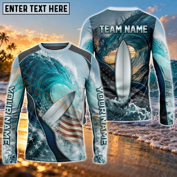 Maxcorners Surfboard Deep Blue Ocean Wave Art Customized Name, Team Name 3D Long Sleeve Shirt