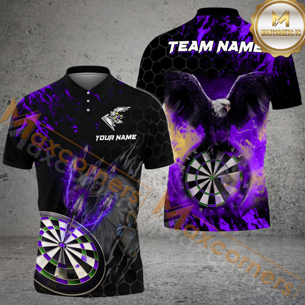 Maxcorners Darts Thunder Feather Flame Eagle Customized Name, Team Name 3D Polo Shirt