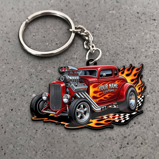 Maxcorners Hot Rod Red Vintage Roadster with Explosive Racing Flames Personalized Name 3D Keychain And Ornament