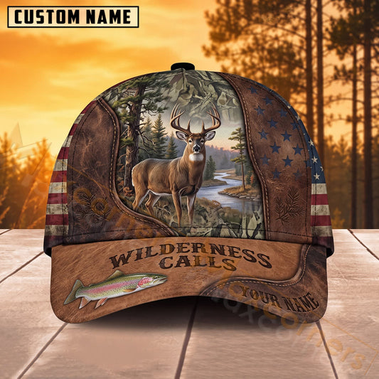 Maxcorners Deer Hunting American Flag Wilderness Calls Personalized Name 3D Cap
