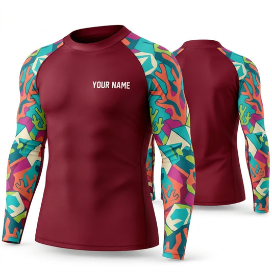 Maxcorners Personalized Abstract Art Burgundy Shirt with Bright Aqua Orange Sleeves 3D All Over Printed Shirts, Best Gifts for Art Lovers
